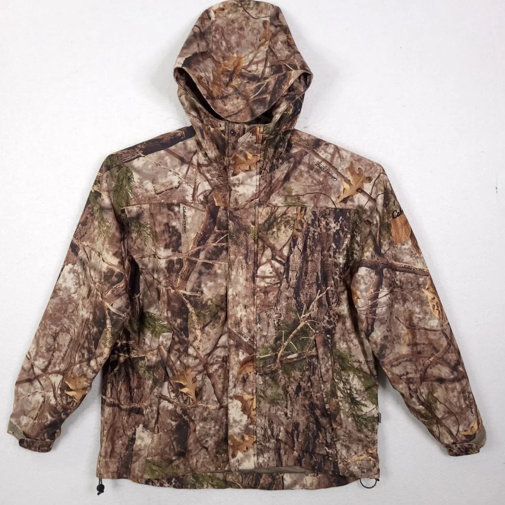 Cabelas ZONZ Woodlands Jacket Mens Camo Packable Hunting Large Brown Hooded Mesh